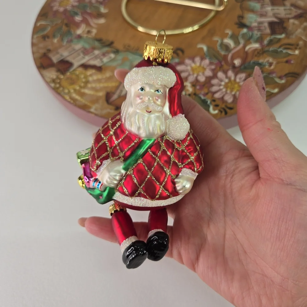 VTG Blown Glass Santa Hanging Ornament With Dangling Legs Toy Sack and Tree‎